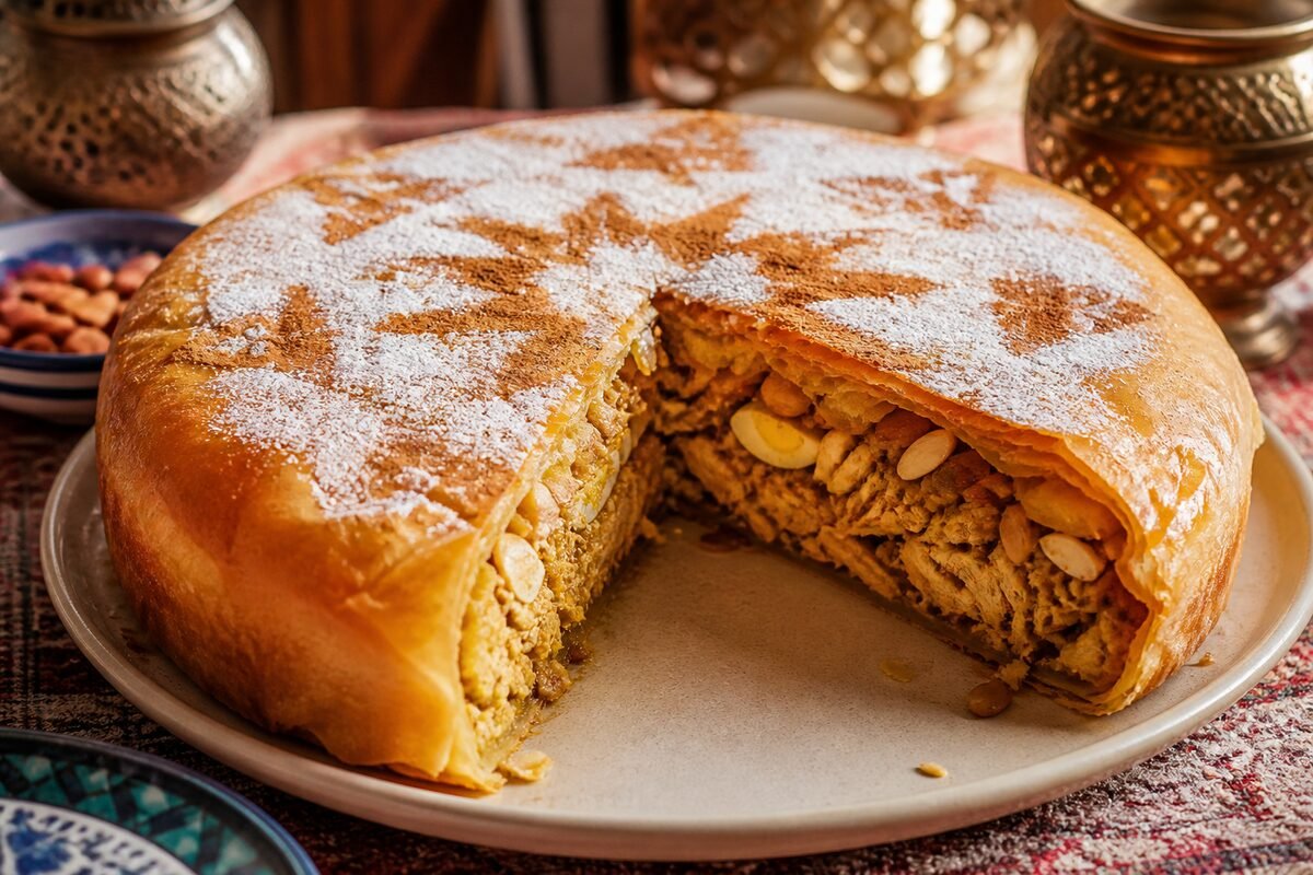 A golden Moroccan chicken bastilla with a sliced wedge, powdered sugar, cinnamon, and almonds.