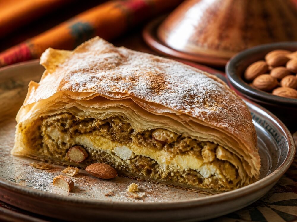 A crisp wedge of Moroccan chicken bastilla showing spiced chicken, egg, and almond filling.