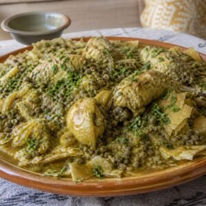 Moroccan rfissa with chicken, lentils, onions, and torn layered flatbread.