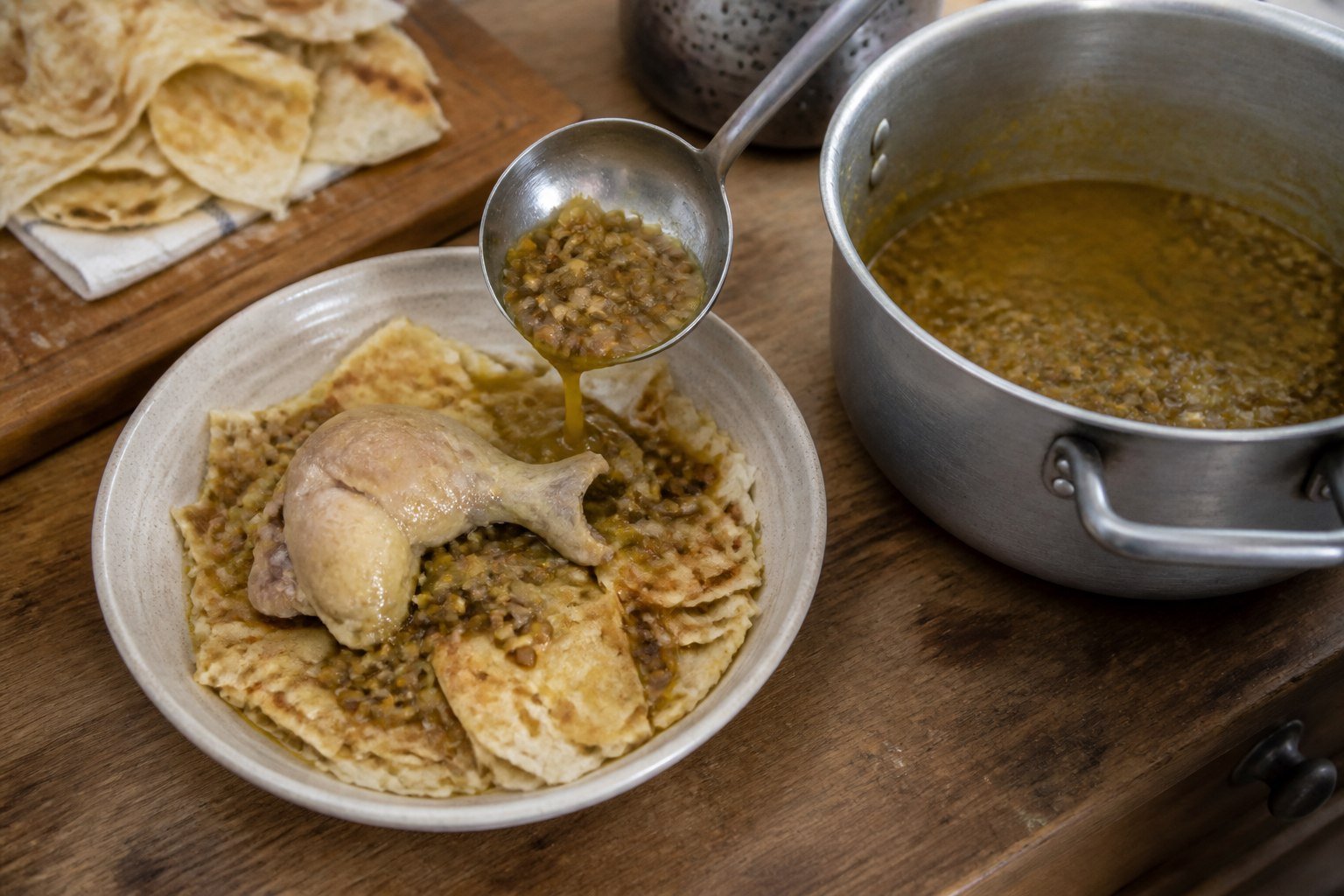Moroccan rfissa being assembled with flatbread, chicken, and lentil broth.