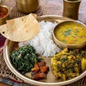 Nepalese dal bhat with yellow lentil dal, steamed rice, vegetable tarkari, greens, pickle, and papad.