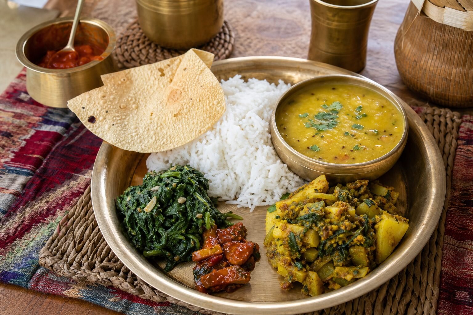 Nepalese dal bhat with yellow lentil dal, steamed rice, vegetable tarkari, greens, pickle, and papad.