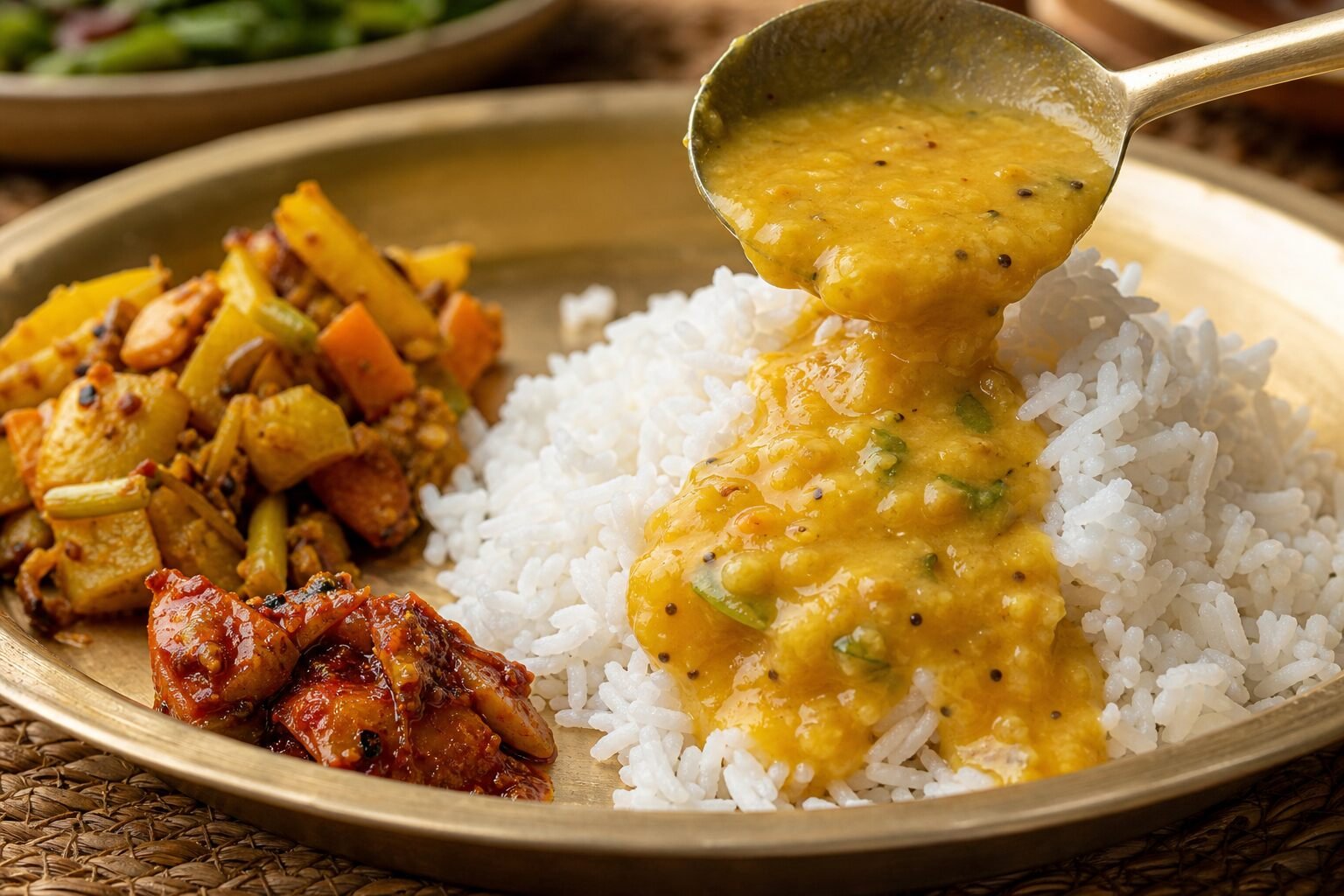 Golden lentil dal being spooned over steamed rice beside Nepalese vegetable tarkari and pickle.