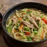 Nepalese chicken thukpa noodle soup with cabbage, carrots, tomato, and herbs.