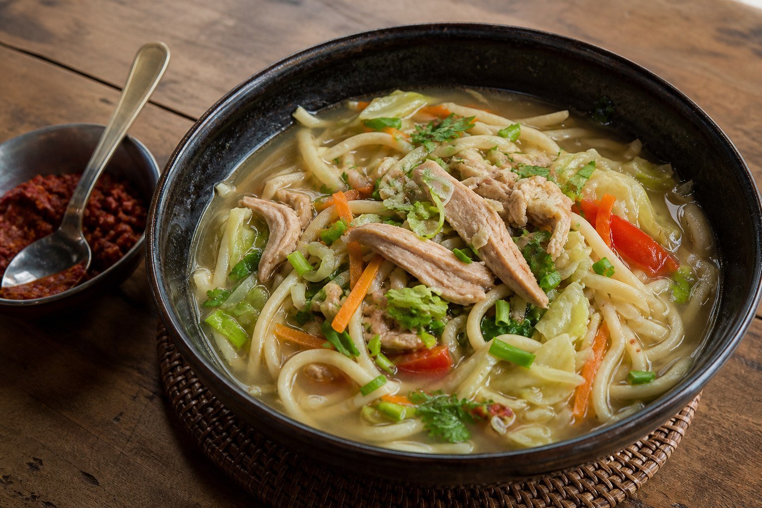 Nepalese chicken thukpa noodle soup with cabbage, carrots, tomato, and herbs.