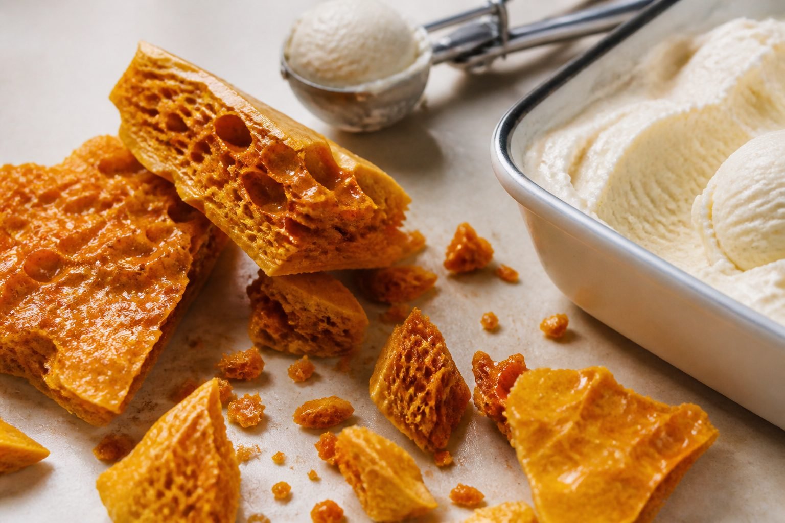 Golden honeycomb toffee shards beside freshly churned vanilla ice cream.