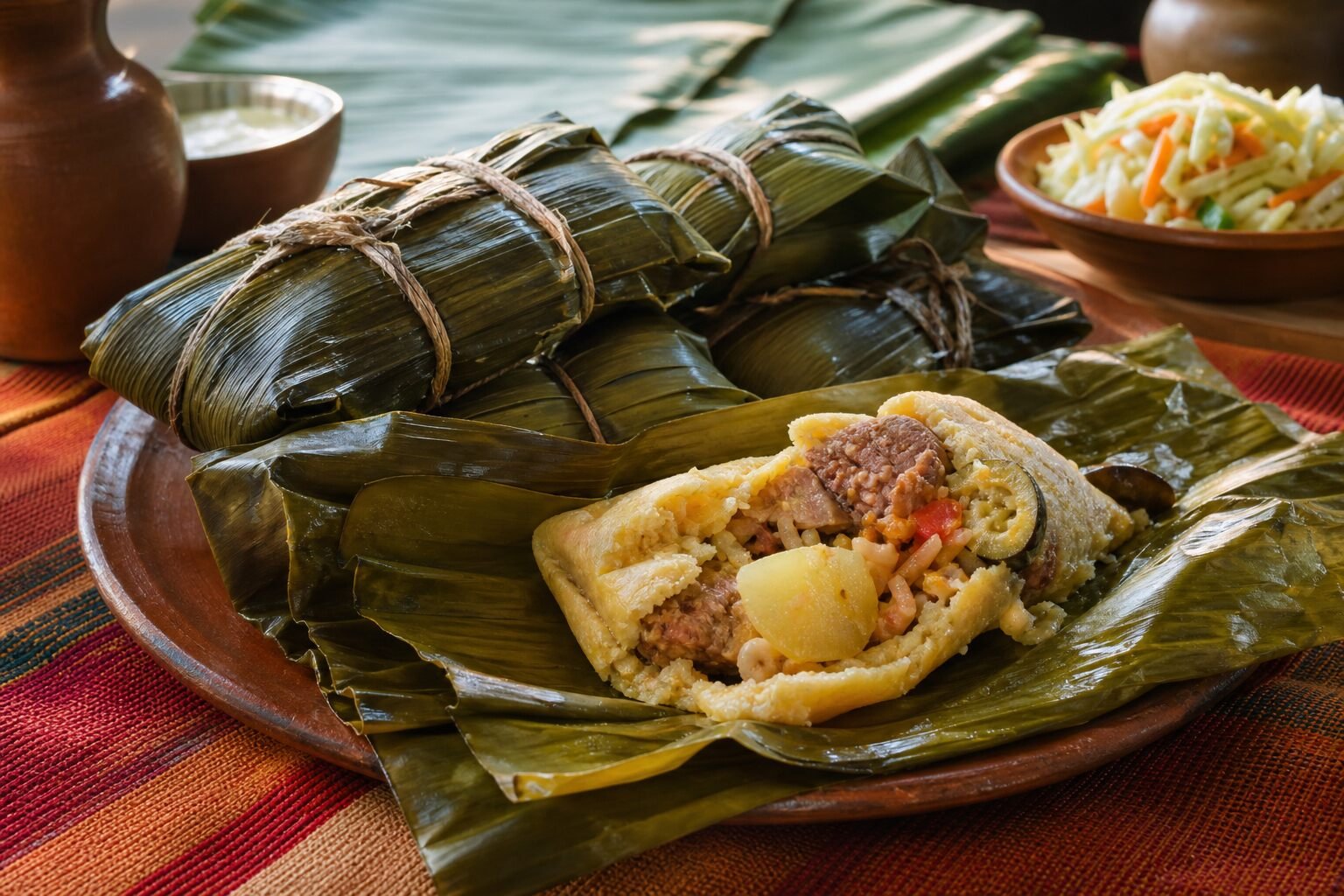 Nicaraguan nacatamales wrapped in banana leaves, with one opened to show pork, masa, potato, rice, and vegetables.