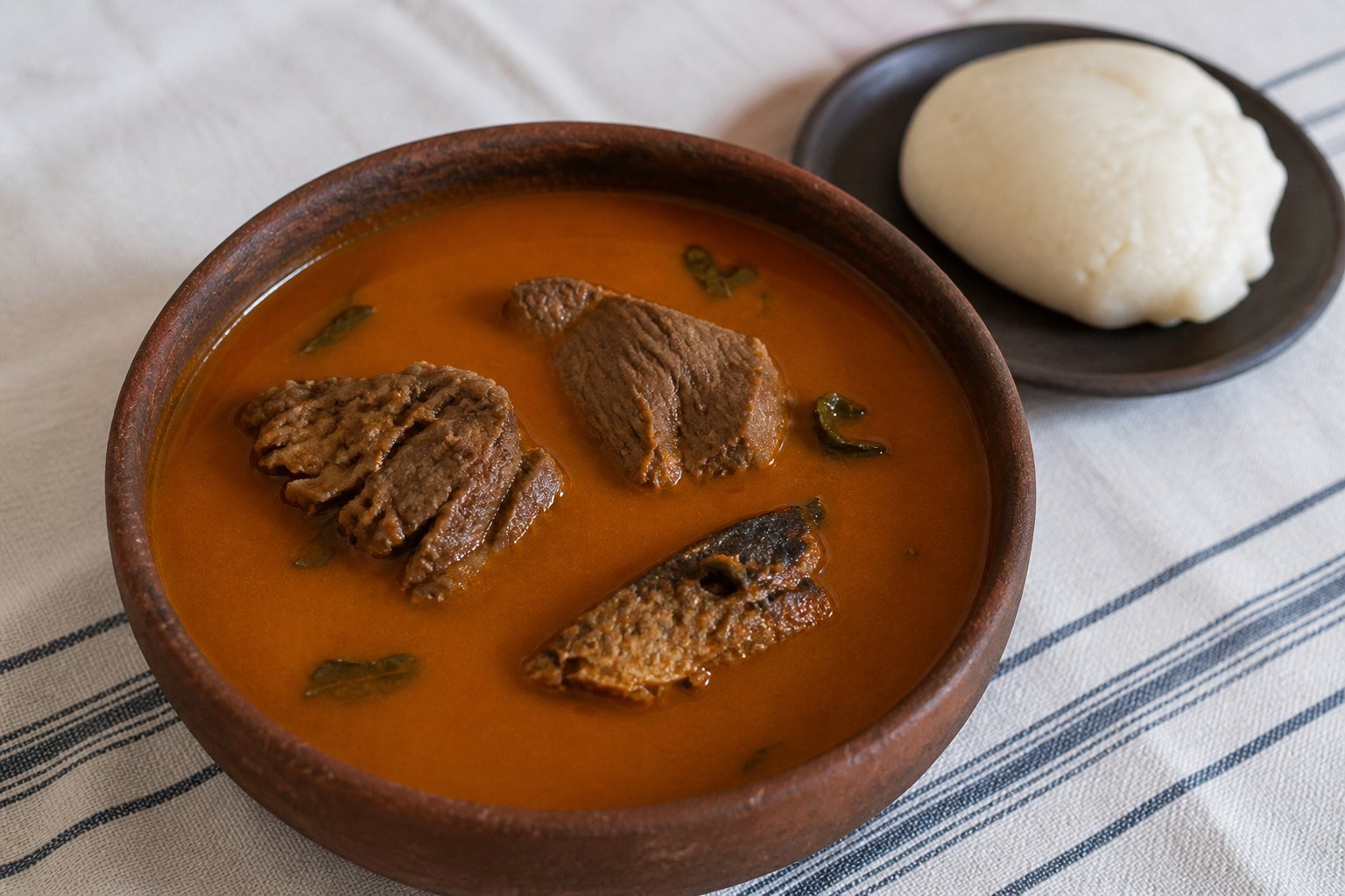 Nigerian banga soup with beef, smoked fish, scent leaf, and a serving of white starch.