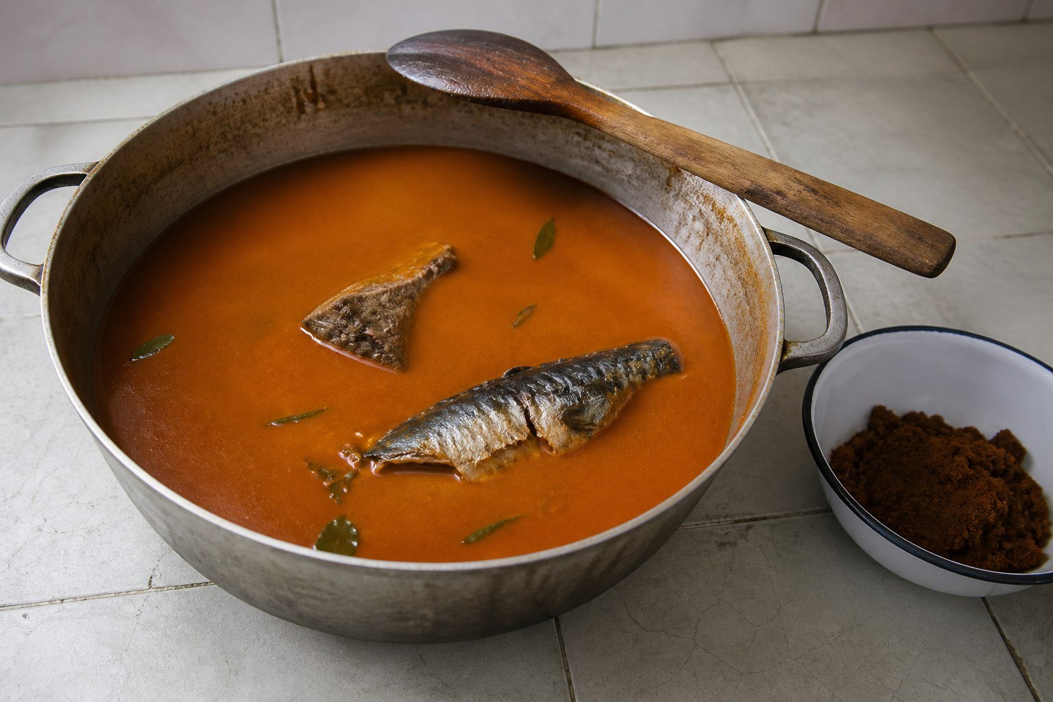 Nigerian banga soup in a seasoned pot with smoked fish, beef, scent leaf, and banga spices.