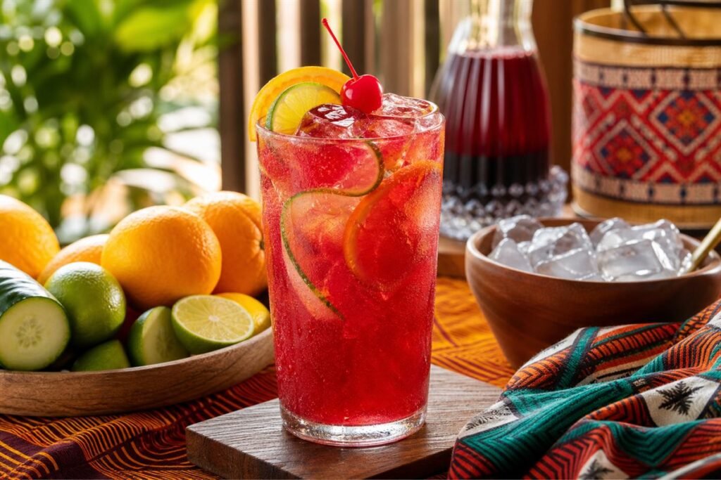 A chilled ruby-red Nigerian Chapman drink with citrus, cucumber, ice, and a cherry.