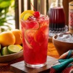 A chilled ruby-red Nigerian Chapman drink with citrus, cucumber, ice, and a cherry.