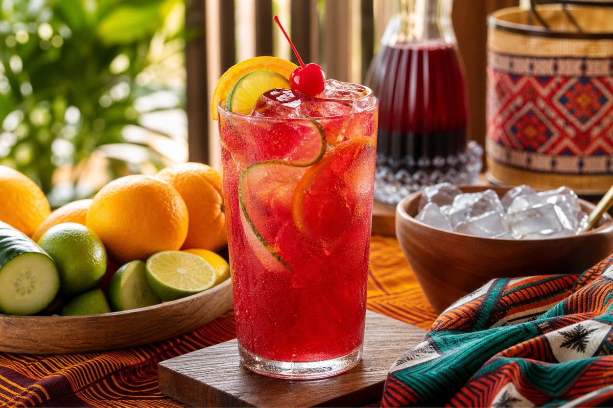 A chilled ruby-red Nigerian Chapman drink with citrus, cucumber, ice, and a cherry.