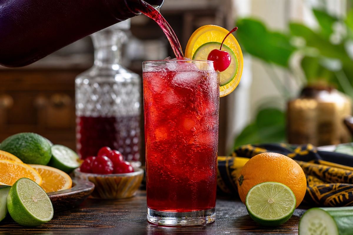 Nigerian Chapman being poured over ice with citrus and cucumber garnish.