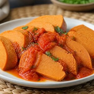 Sliced Nigerian moi moi steamed bean pudding served with tomato pepper sauce.
