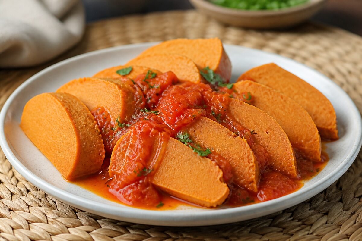 Sliced Nigerian moi moi steamed bean pudding served with tomato pepper sauce.
