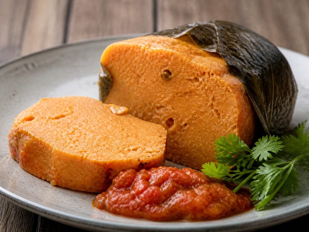 A tender slice of moi moi served with tomato pepper sauce.