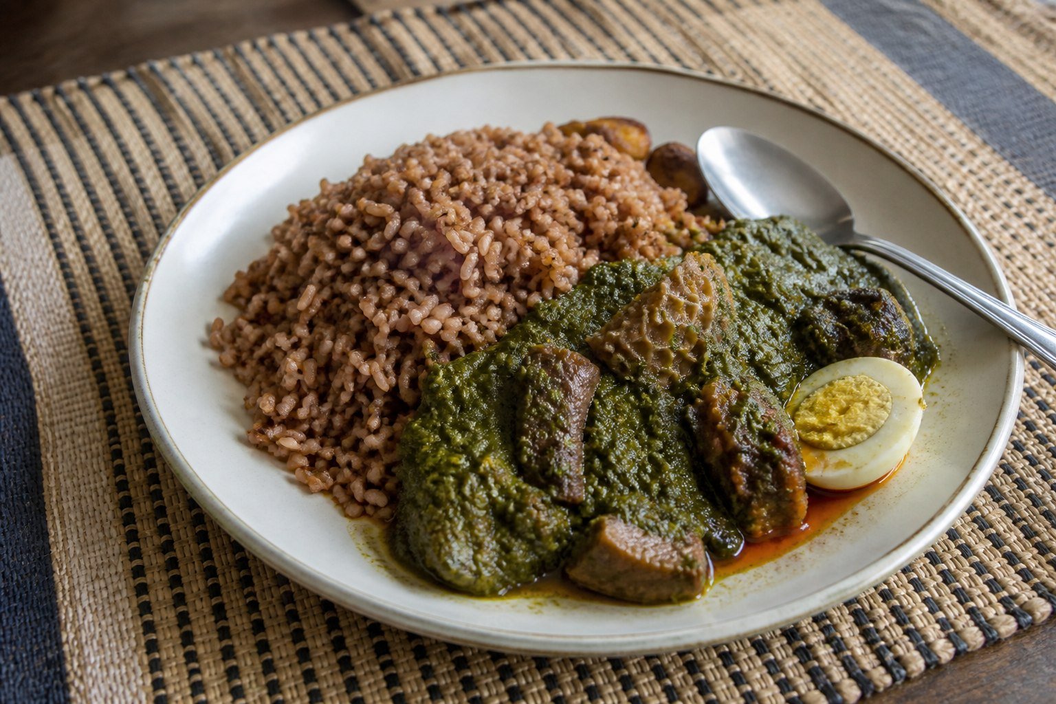Nigerian Ofada rice with green ayamase pepper stew, beef, tripe, boiled egg, and palm oil.