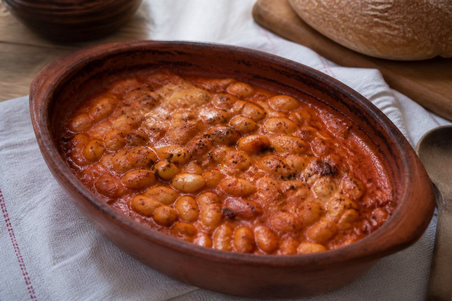 North Macedonian tavce gravce baked beans in a traditional earthenware dish.