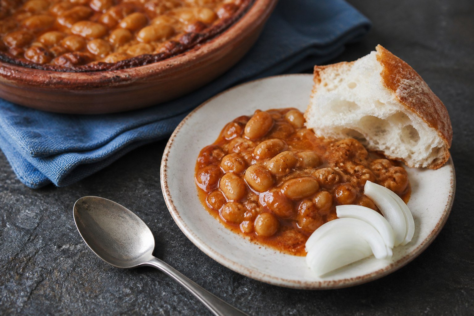 A plate of tavce gravce with bread and fresh onion beside the baking dish.
