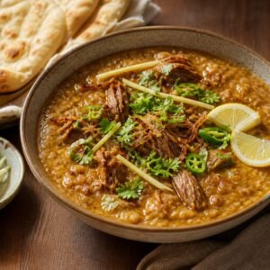 Pakistani haleem with shredded beef, fried onions, cilantro, ginger, green chili, lemon, and naan.