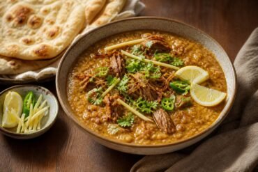 Pakistani haleem with shredded beef, fried onions, cilantro, ginger, green chili, lemon, and naan.