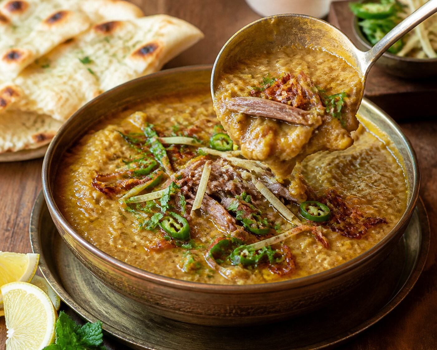A bowl of thick Pakistani haleem being served with ginger, fried onions, herbs, chili, lemon, and naan.