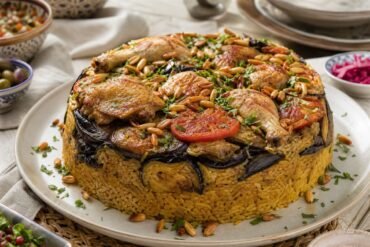 Palestinian maqluba with chicken, eggplant, rice, tomatoes, and toasted almonds.