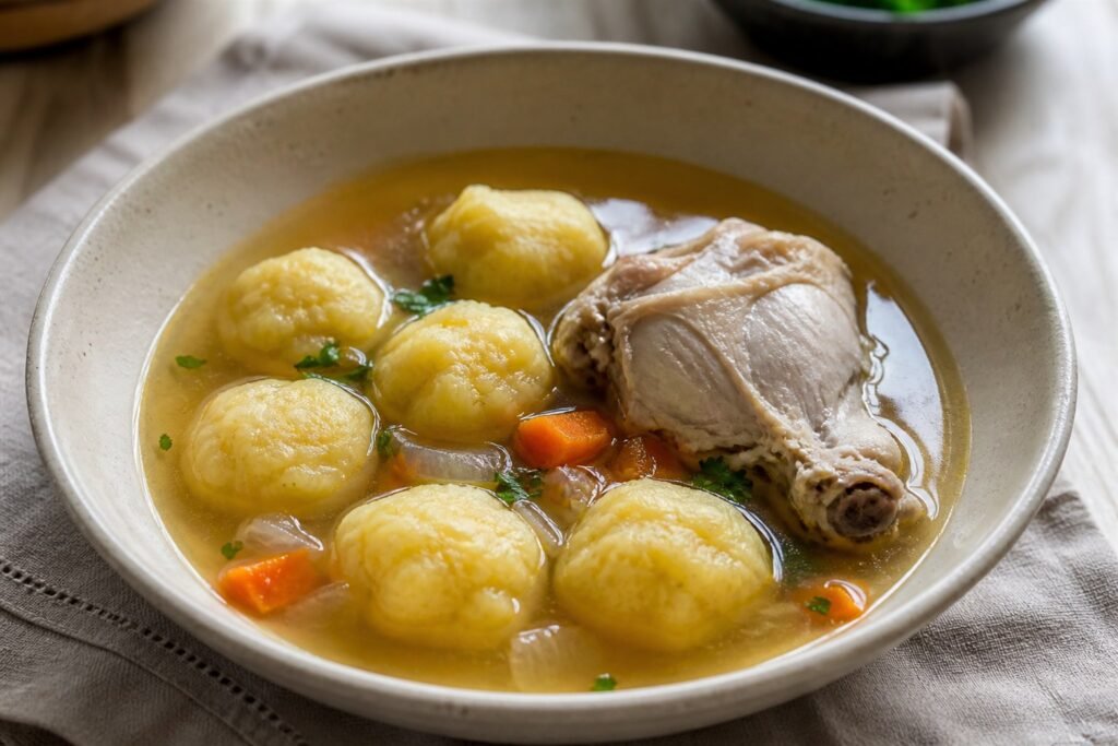 Paraguayan vori vori chicken soup with round cornmeal cheese dumplings, carrots, onion, and parsley.
