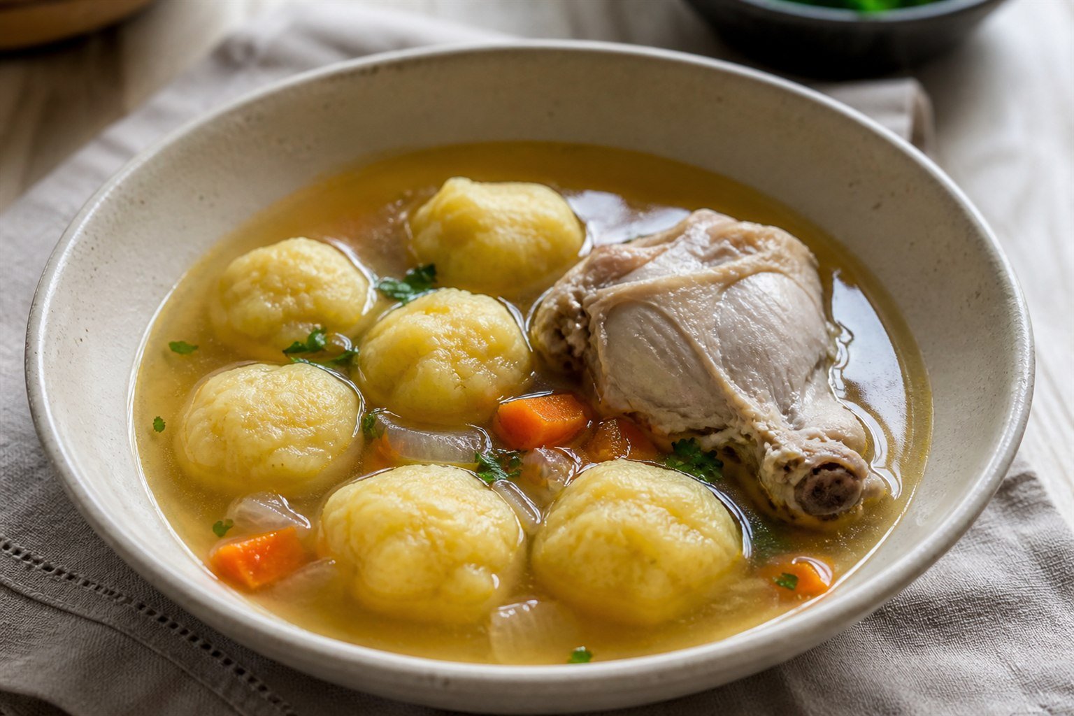 Paraguayan vori vori chicken soup with round cornmeal cheese dumplings, carrots, onion, and parsley.