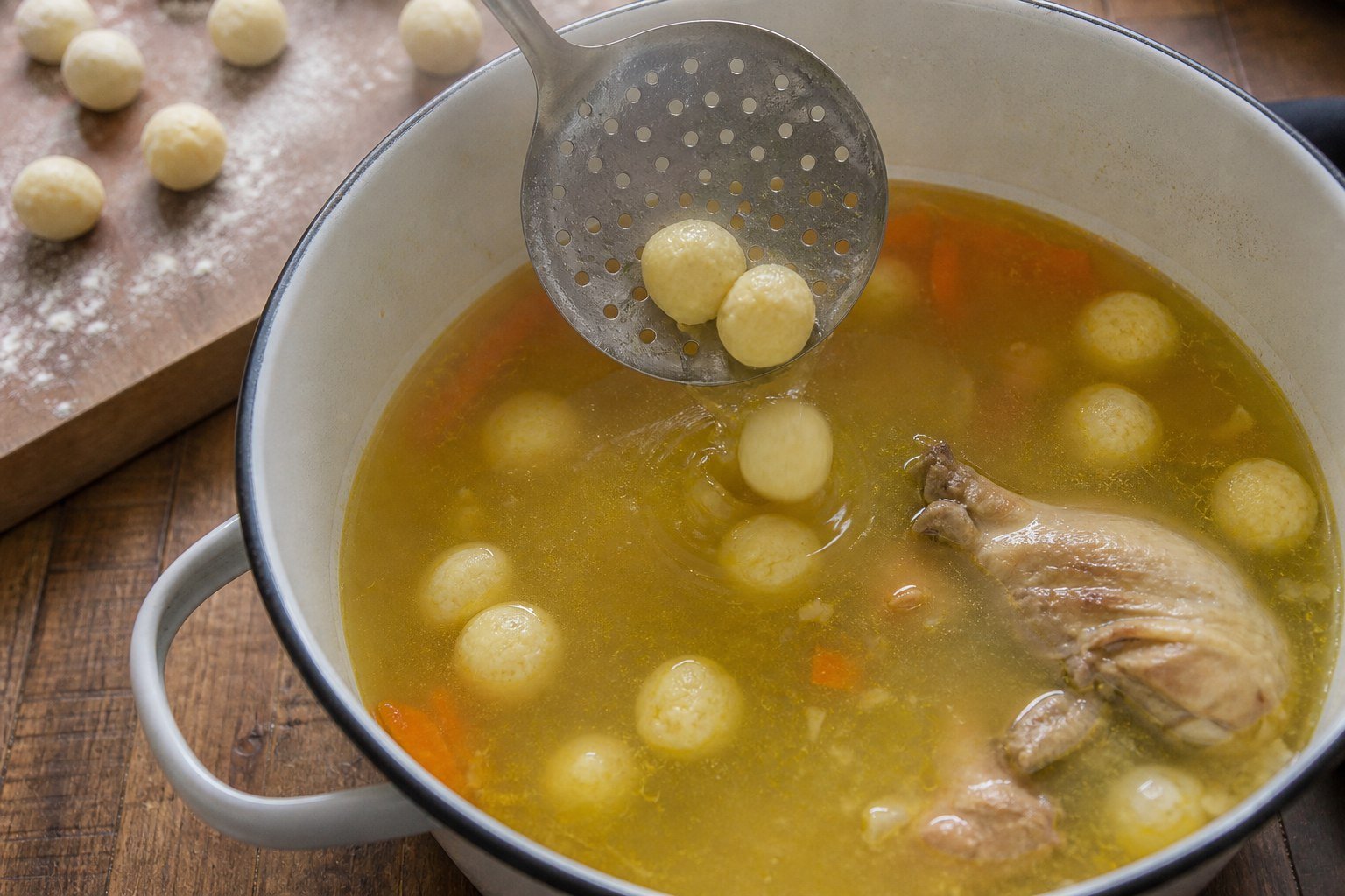 Round cornmeal cheese vori dumplings being added to golden Paraguayan chicken broth.