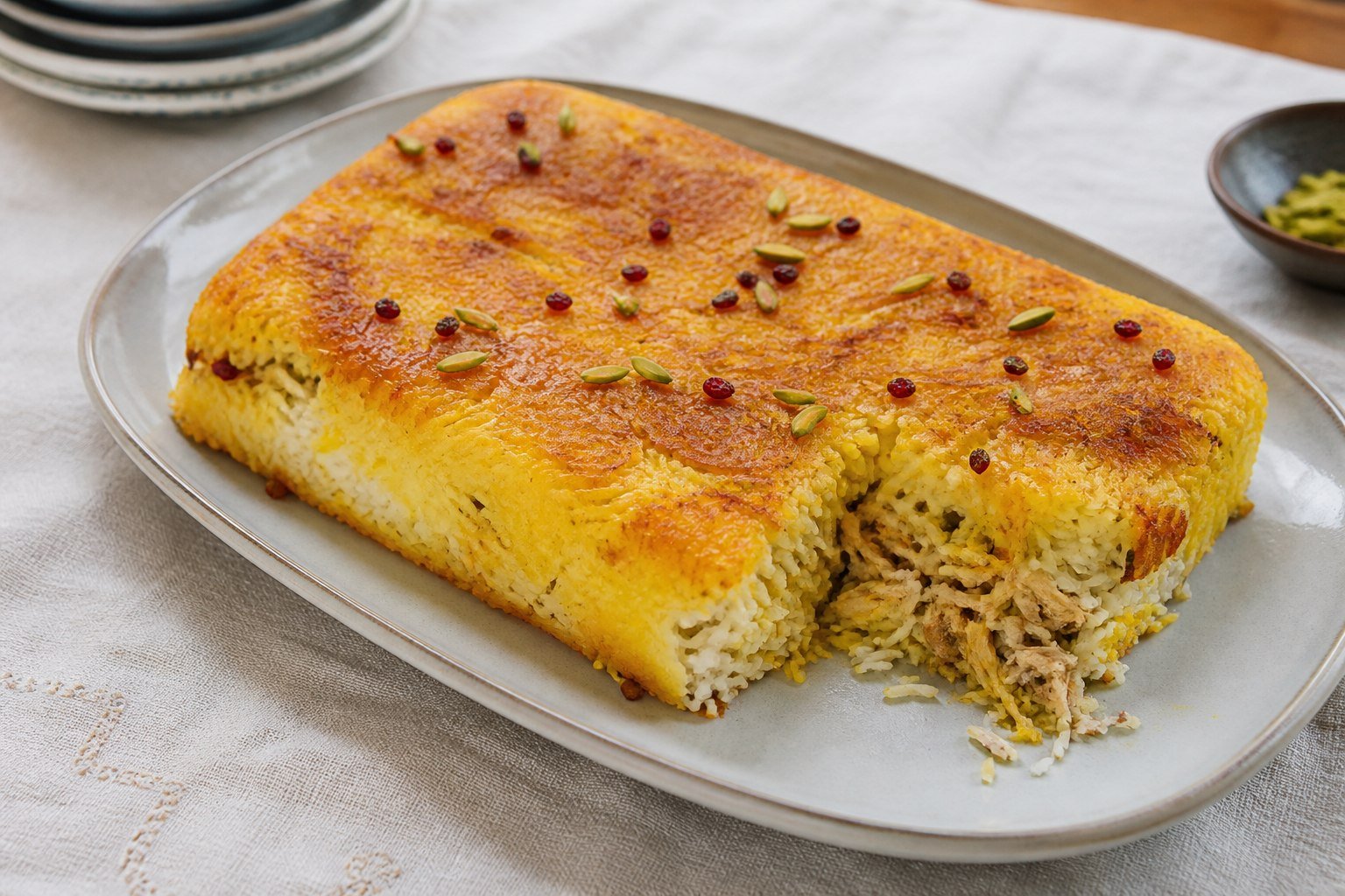 Persian chicken tahchin with a golden saffron rice crust, barberries, and pistachios.