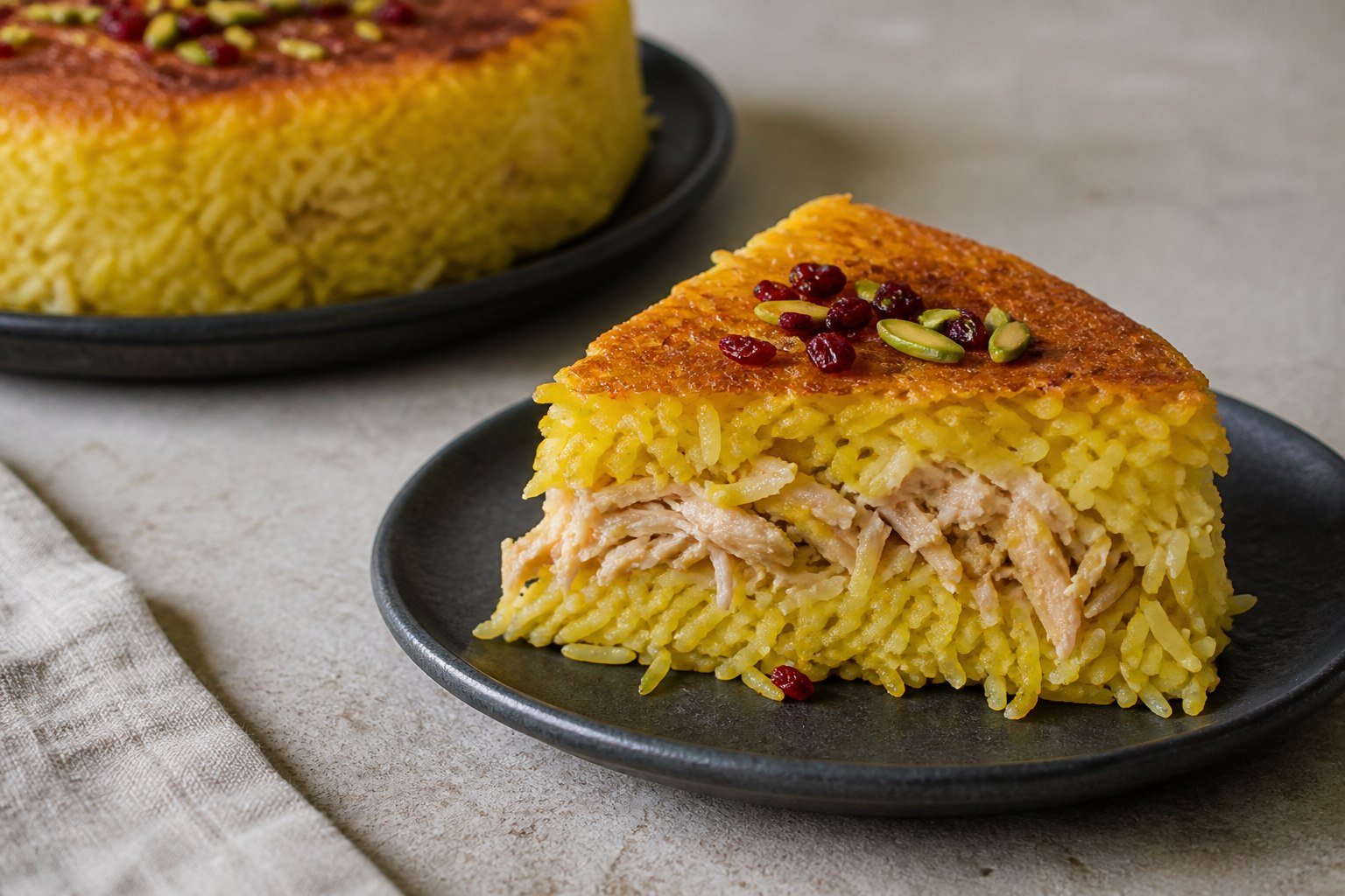 A wedge of Persian tahchin showing saffron rice, shredded chicken, barberries, and pistachios.