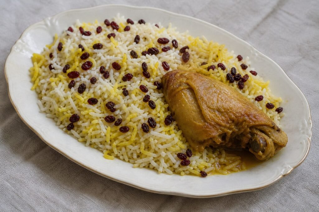 Persian zereshk polo with saffron rice, barberries, and braised chicken.