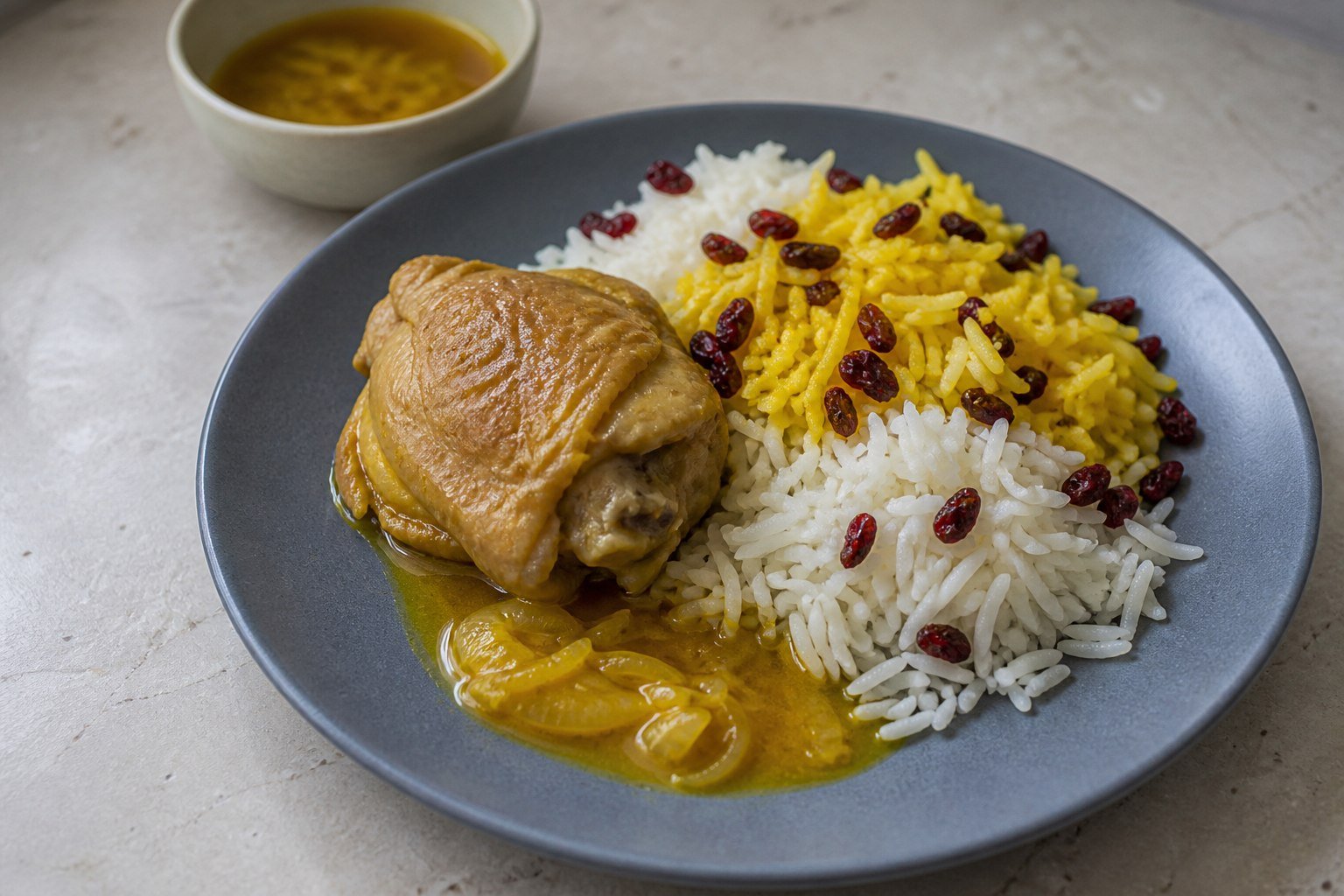 An individual serving of Persian barberry rice with saffron chicken and onion sauce.