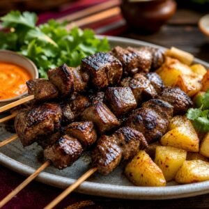 Grilled Peruvian beef heart anticuchos with roasted potatoes, cilantro, and aji sauce.
