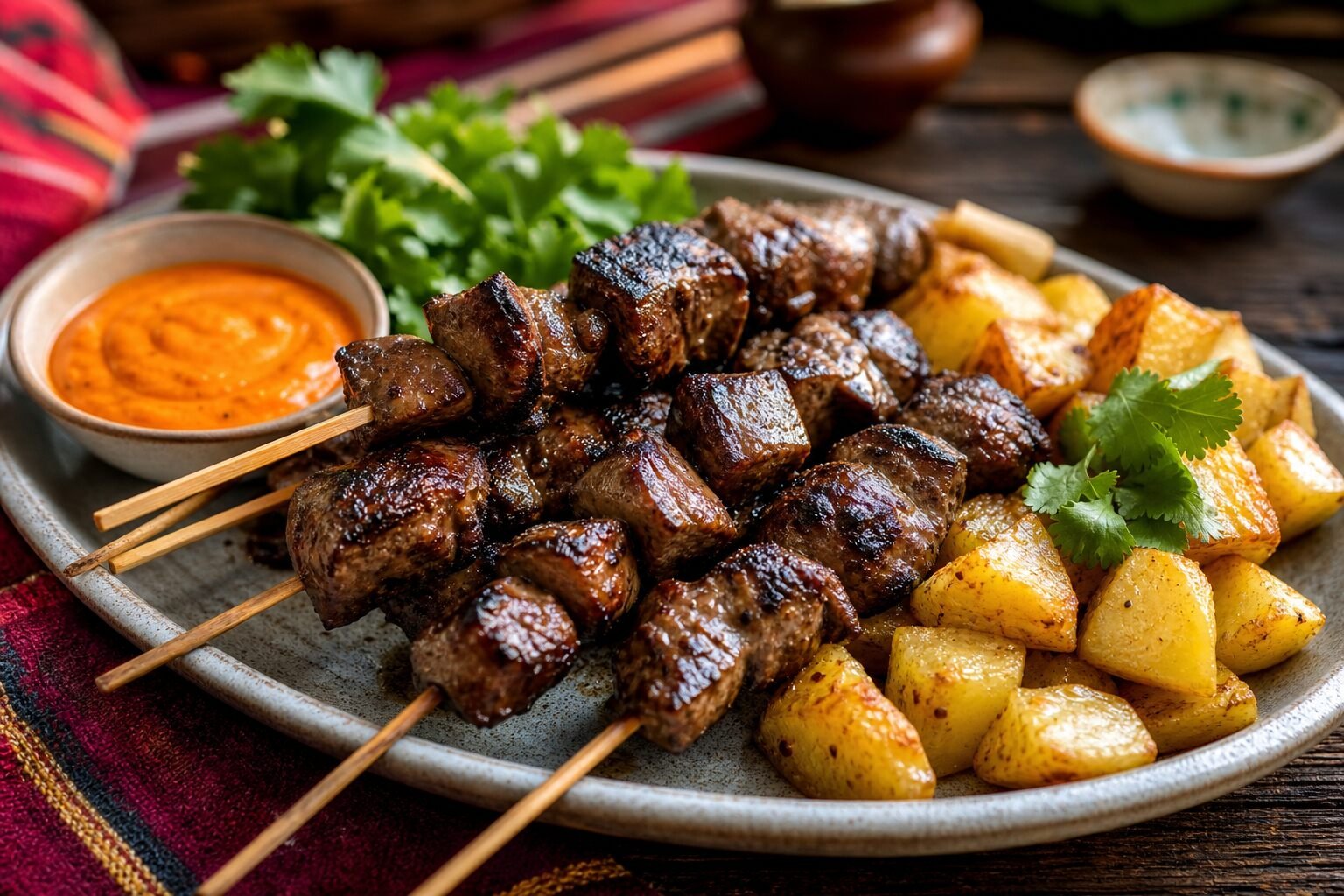 Grilled Peruvian beef heart anticuchos with roasted potatoes, cilantro, and aji sauce.