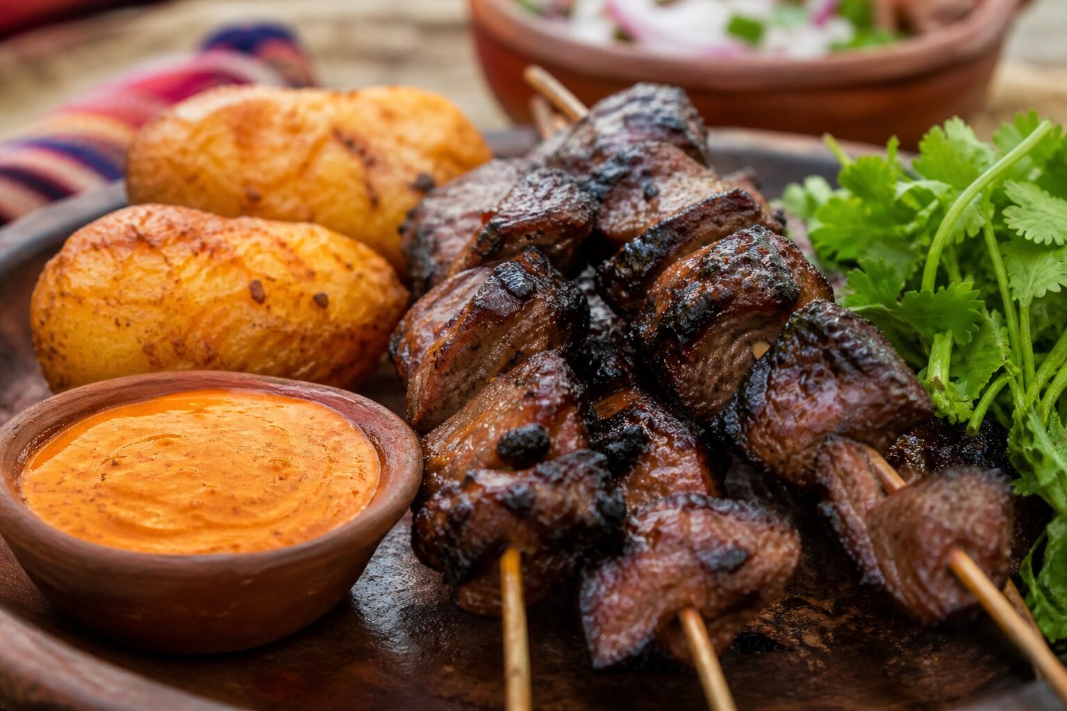 Close-up of smoky Peruvian anticuchos skewers with charred beef, potatoes, and aji sauce.