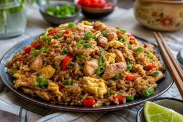 Peruvian arroz chaufa fried rice with chicken, egg, scallions, and red pepper.