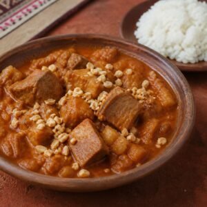 Peruvian carapulcra dried-potato and pork stew with crushed peanuts.