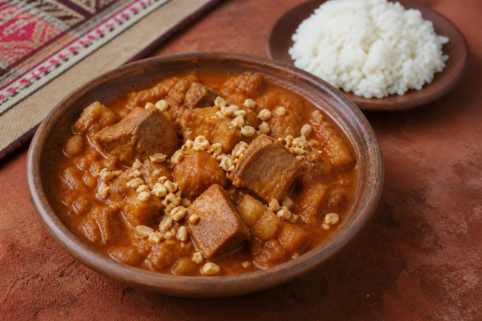 Peruvian carapulcra dried-potato and pork stew with crushed peanuts.