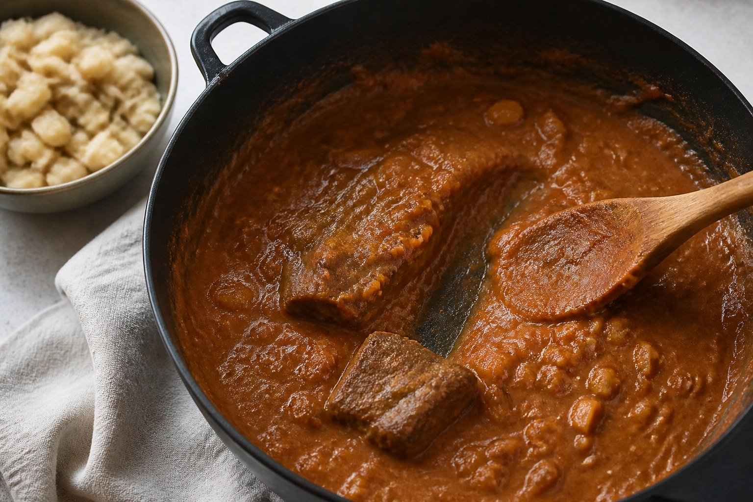 Carapulcra simmering in a saucepan with dried potato pieces and pork.