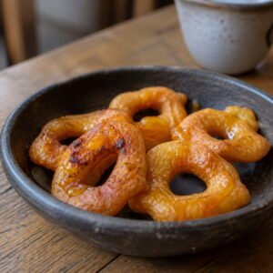 Peruvian picarones coated lightly with chancaca syrup.