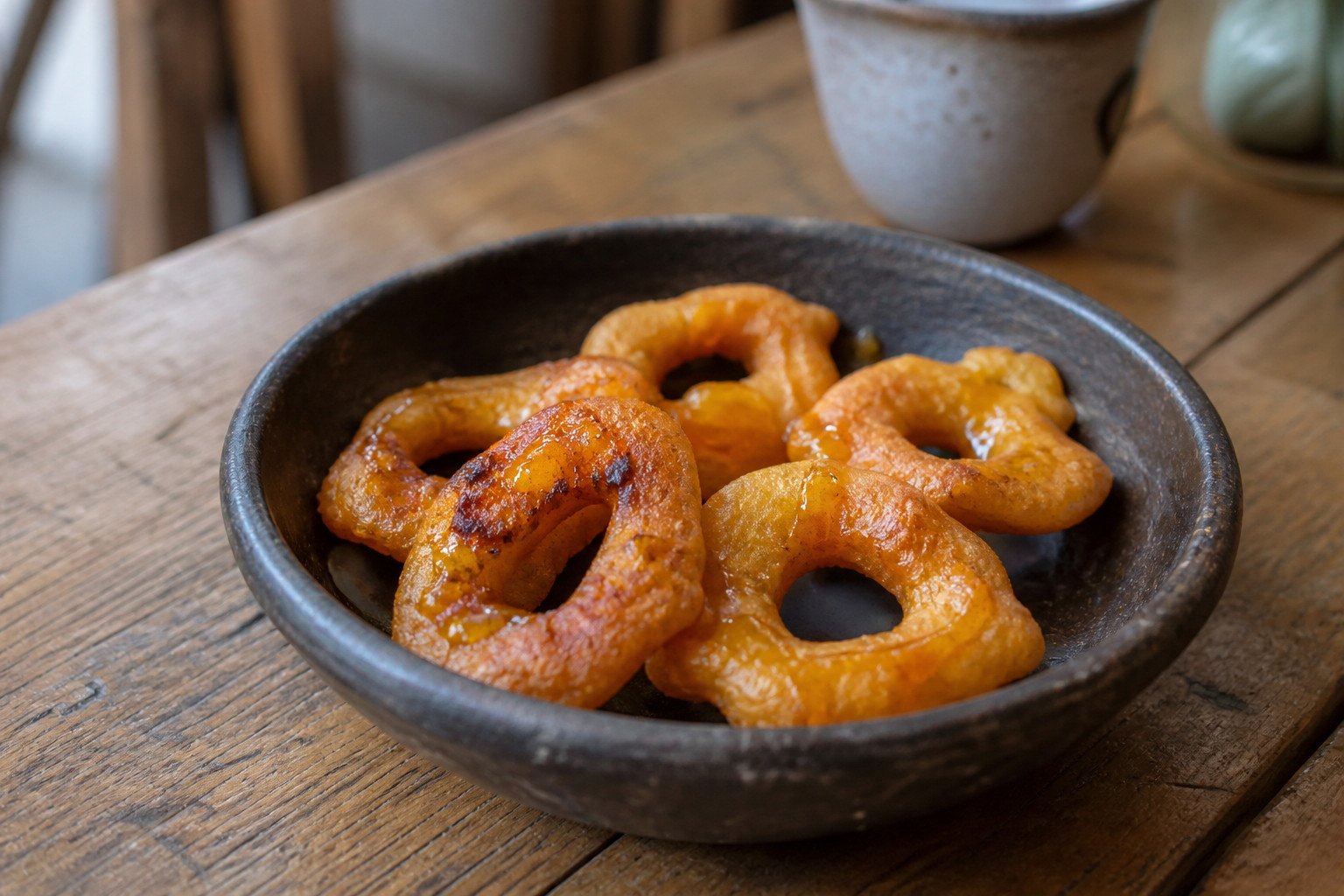 Peruvian picarones coated lightly with chancaca syrup.