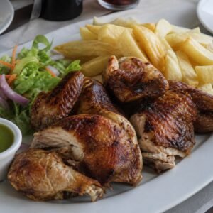 Peruvian pollo a la brasa served with fries, salad, and green aji sauce.