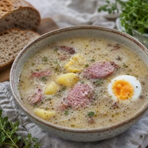 Polish żurek sour rye soup with smoked sausage, potatoes, boiled egg, and rye bread.