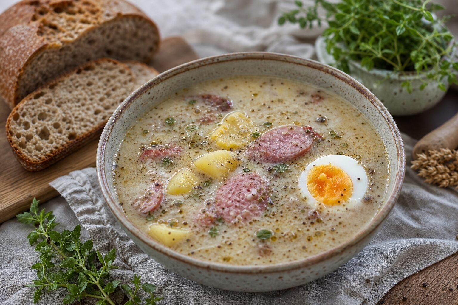 Polish żurek sour rye soup with smoked sausage, potatoes, boiled egg, and rye bread.