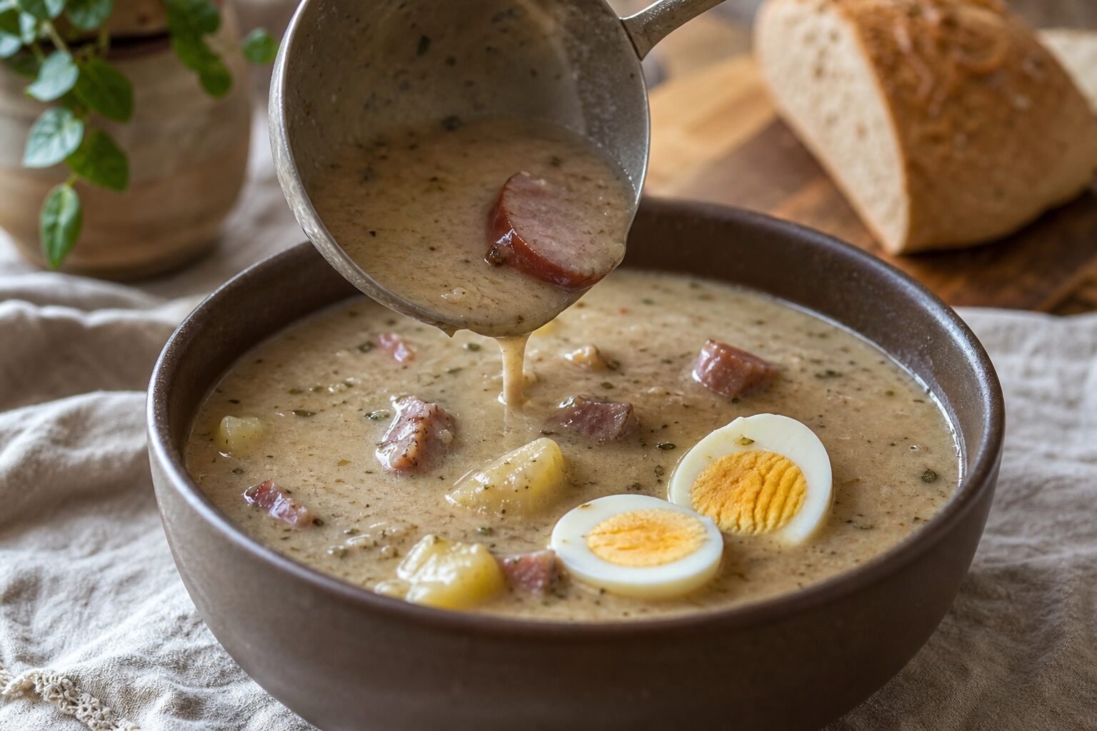 A ladle serving creamy Polish żurek with sausage, potatoes, and boiled egg into a bowl.