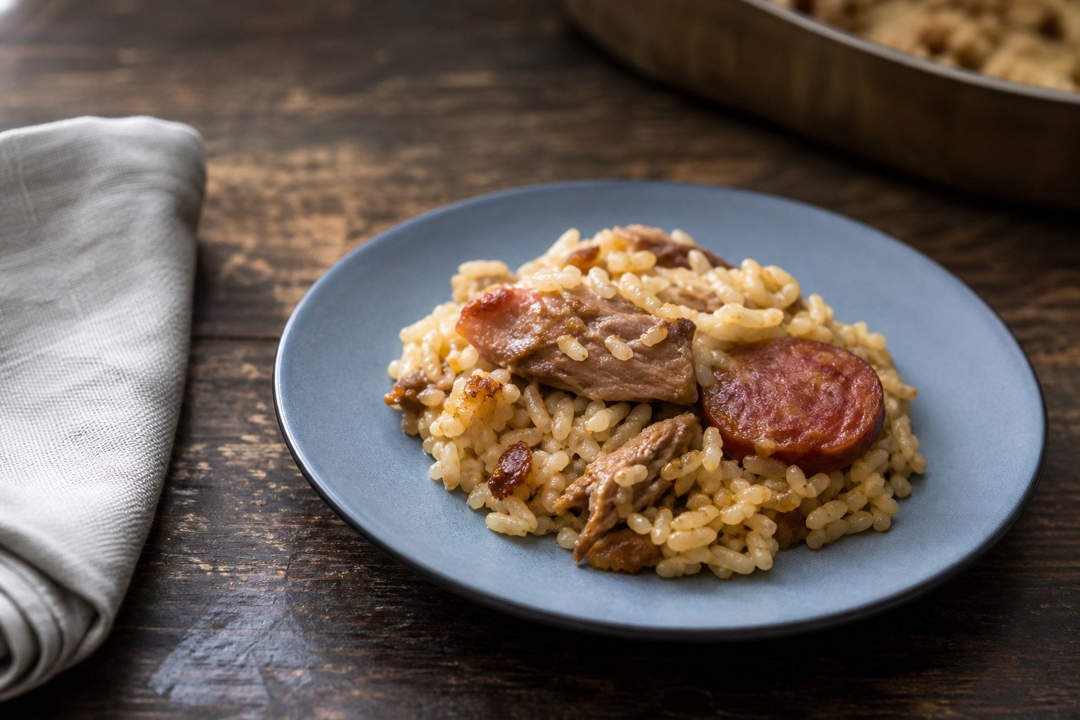 A plated serving of Portuguese duck rice with chourico and irregular duck pieces.