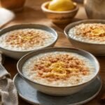 Creamy Portuguese arroz doce rice pudding with cinnamon and lemon zest.