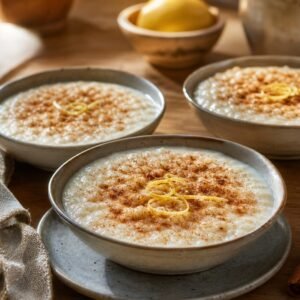Creamy Portuguese arroz doce rice pudding with cinnamon and lemon zest.